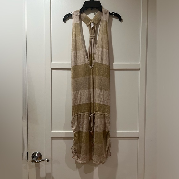 NWOT Luli Fama T-Back Mini Dress Swim Cover Coverup Gold with Stripes XS - Picture 4 of 12